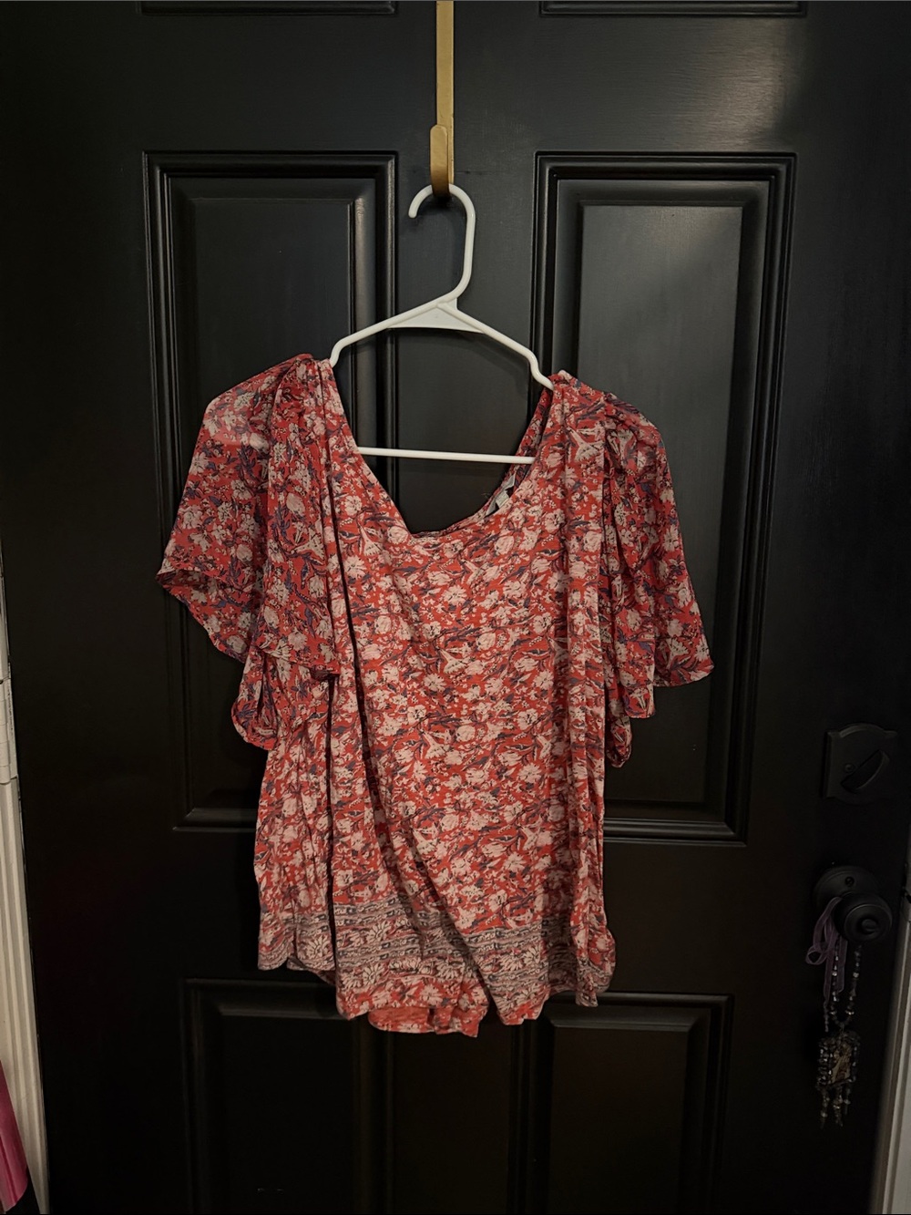 Lucky Brand Red Floral Flutter-Sleeve Blouse